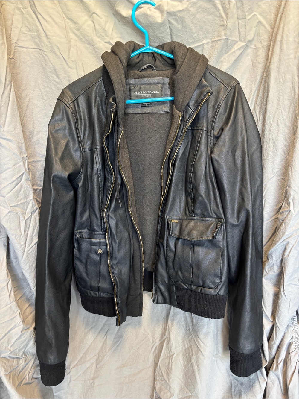 Women’s Black Faux Leather Bomber with Hood